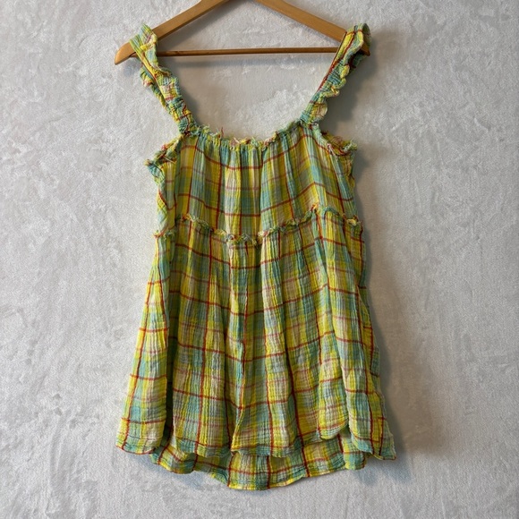 Anthropologie womens yellow green casual Plaid Ruffle Mini‎ tank Dress size XS - Picture 7 of 9